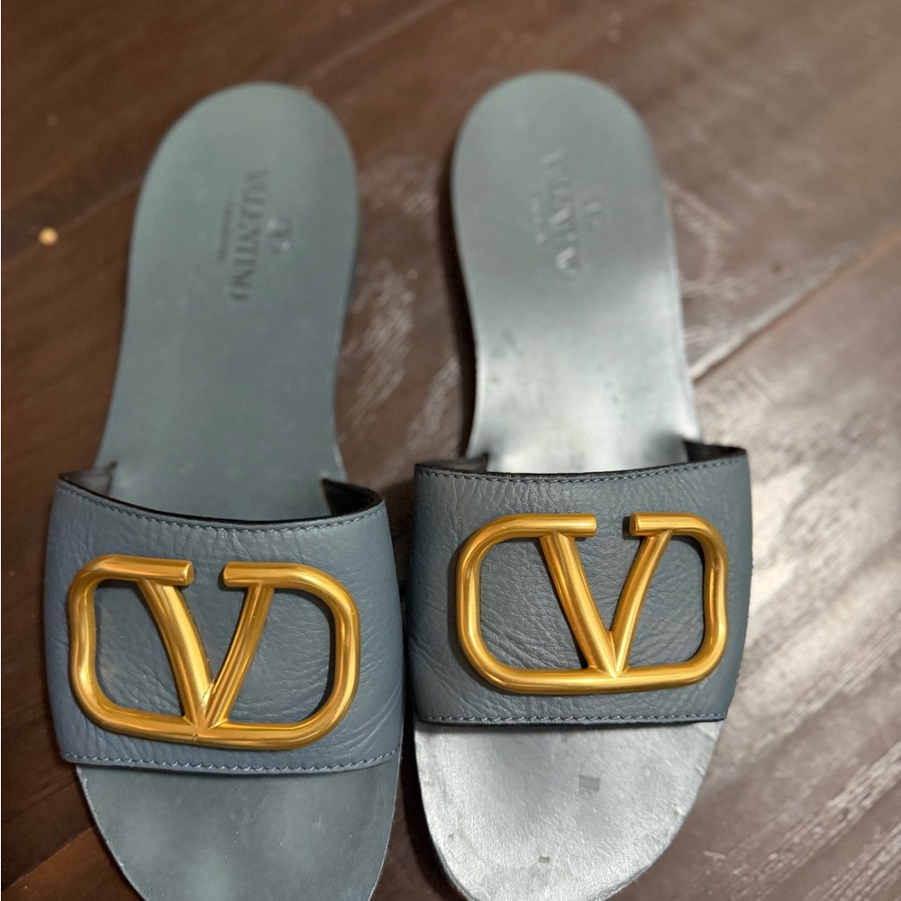 Valentino Charcoal Slides with Gold Emblem